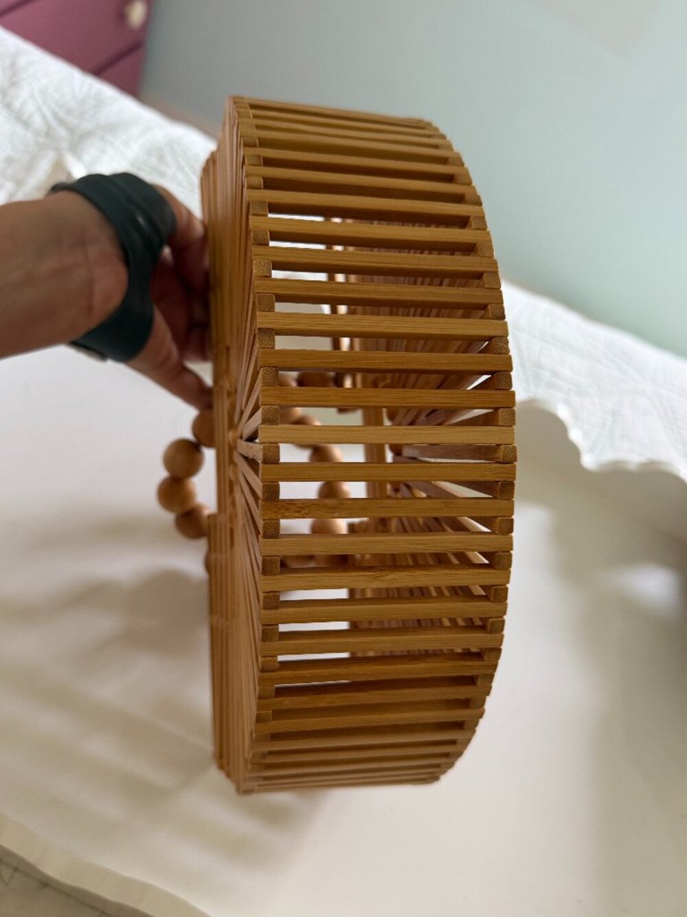 Cult Gaia Style Semi Circle Bamboo Handbag with Oversized Wooden Beaded Handle - Picture 4 of 5